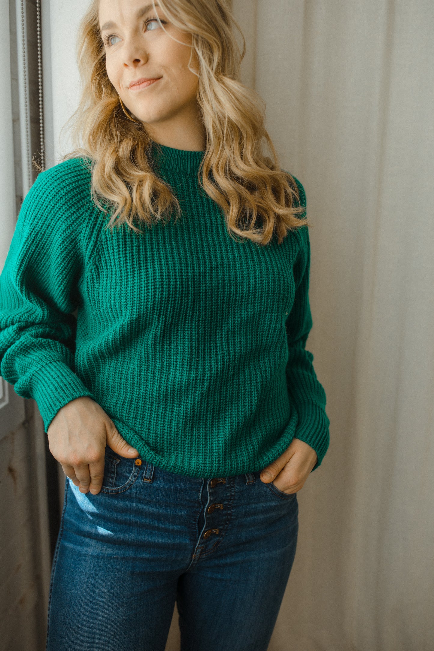 Teal Green Mock Neck Knit Sweater