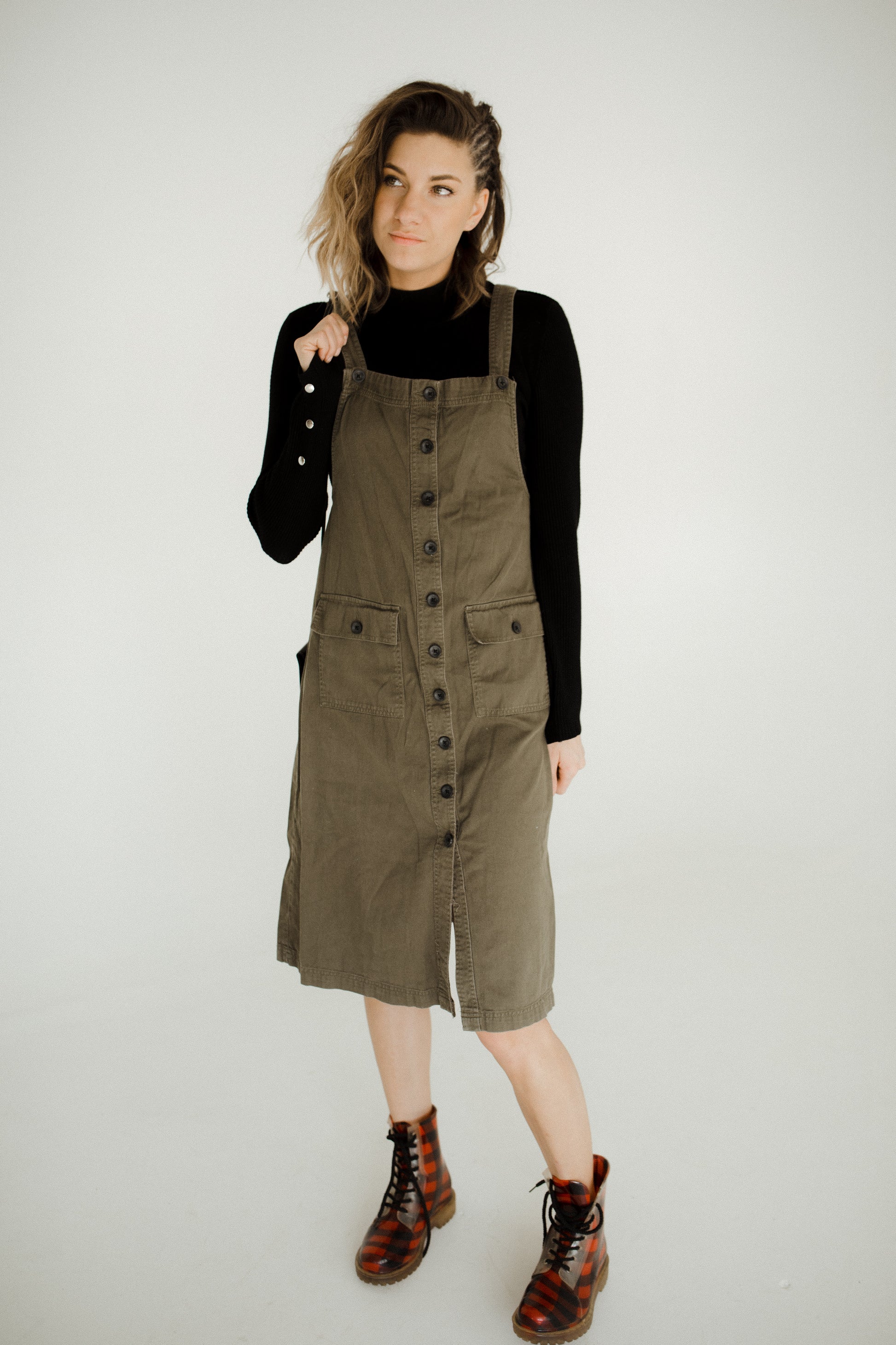 army green overall dress Olive Green Denim Overall Dress - Overall Dress - Denim Dress